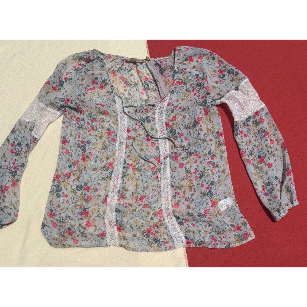 Princess Vera Wang Floral Lace Trim Chiffon Blouse Blue‎ Pink XS Boho Tie Neck